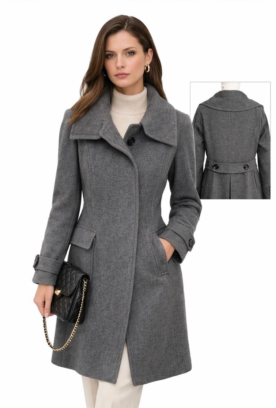 Burberry London Wool Cashmere Coat Gray Long Wrap Collar Back Belt UK 6 US 4